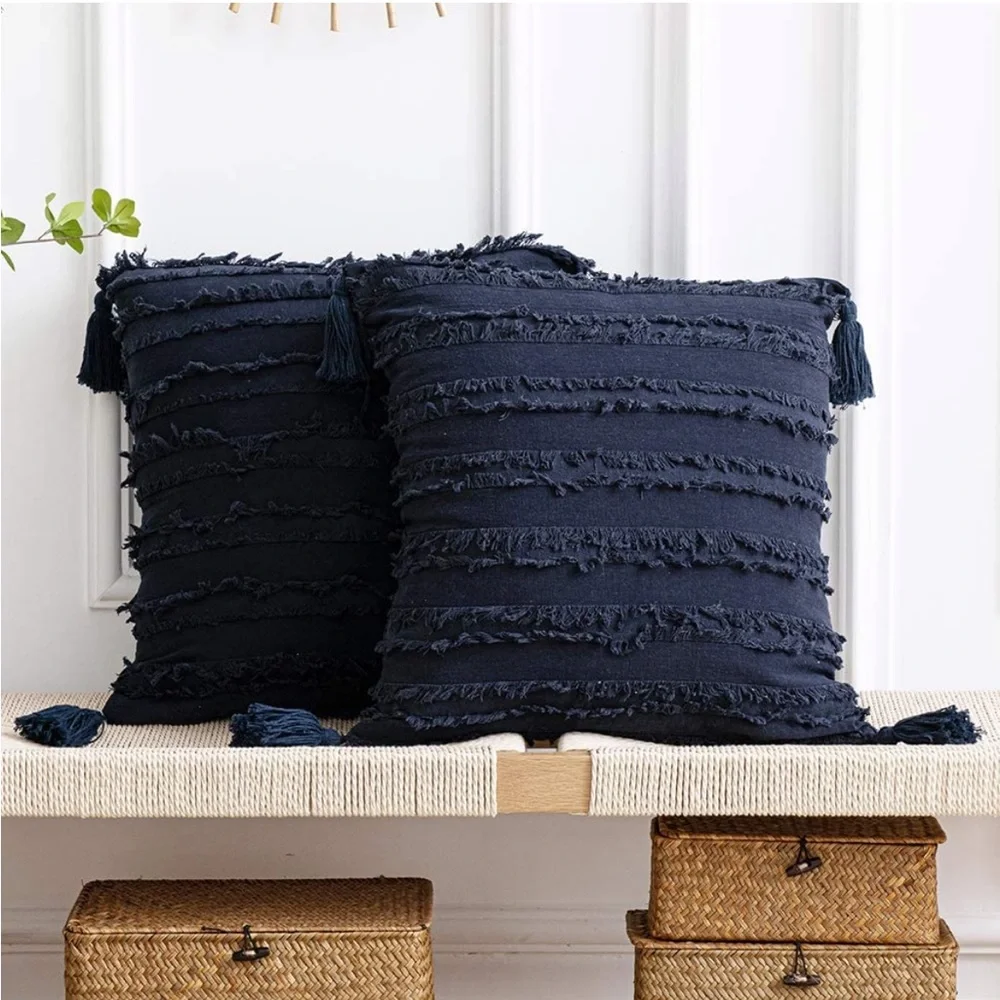 Luxury Home | Navy Blue Striped Frayed Jaquard Corner Tassel Throw Pillow Covers
